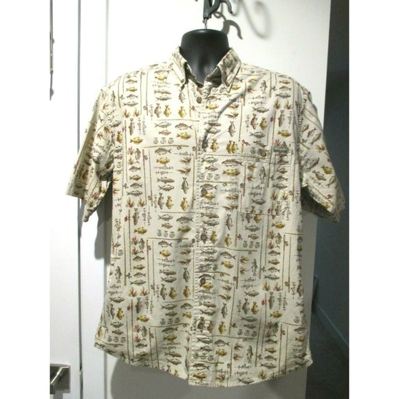 Woolrich Size M Men's Short Sleeve Button Front Vintage Shirt w/ Fishing & Lures - Picture 1 of 5